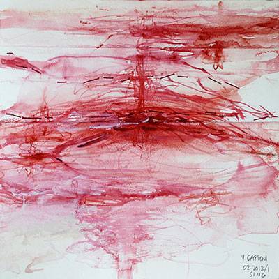 Australian Indigenous (Aboriginal and Torres Strait Islander) artwork by VICTORIA CATTONI of Miscellaneous Artists. The title is 02.2012/1 SING. [VC_wp1-8_2012] (Watercolour with Thread Collage on Paper)