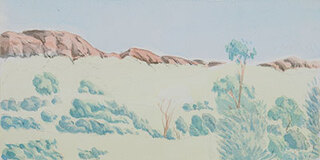 Australian Indigenous (Aboriginal and Torres Strait Islander) artwork by HUBERT PAREROULTJA of Ngurratjuta Iltja Ntjarra (Many Hands). The title is 10.30 O’clock. [62-15] (Watercolour on Paper)