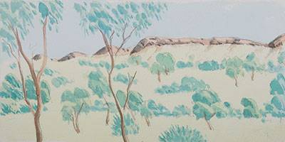 Australian Indigenous (Aboriginal and Torres Strait Islander) artwork by HUBERT PAREROULTJA of Ngurratjuta Iltja Ntjarra (Many Hands). The title is 11 O’clock. [63-15] (Watercolour on Paper)