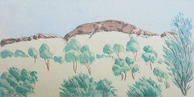 Australian Indigenous (Aboriginal and Torres Strait Islander) artwork by HUBERT PAREROULTJA of Ngurratjuta Iltja Ntjarra (Many Hands). The title is 11.10am at Mt. Gillen. [64-15] (Watercolour on Paper)