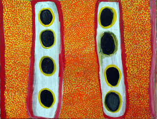 Australian Indigenous (Aboriginal and Torres Strait Islander) artwork by TJIGILA NADA RAWLINS of Mangkaja Artists. The title is 4 Waterholes. [144/07] (Atelier Acrylic Paint on 14oz Canvas)
