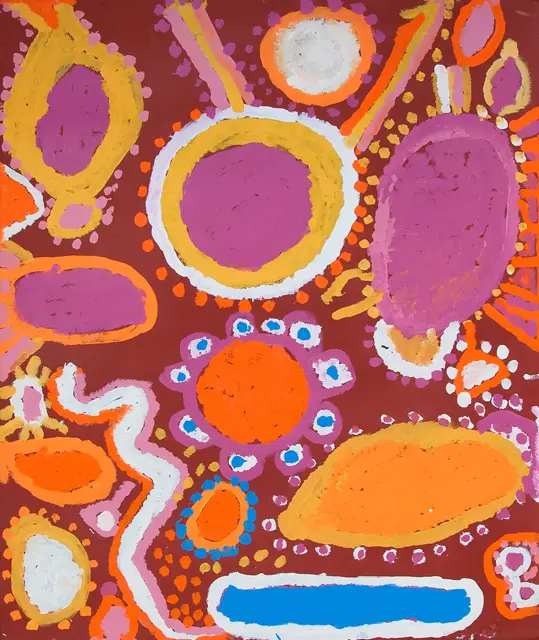 Australian Indigenous (Aboriginal and Torres Strait Islander) artwork by SANDY BRUMBY of Ninuku Arts. The title is 50 Downs. [10388] (Acrylic on Linen)