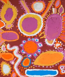 Australian Indigenous (Aboriginal and Torres Strait Islander) artwork by SANDY BRUMBY of Ninuku Arts. The title is 50 Downs. [10388] (Acrylic on Linen)