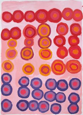 Australian Indigenous (Aboriginal and Torres Strait Islander) artwork by EILEEN MOORE of Tangentyere Artists. The title is Akatyerre – Bush Berries. [TAEM10C4067] (Acrylic on Canvas)