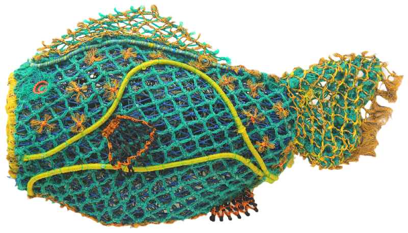 Australian Indigenous (Aboriginal and Torres Strait Islander) artwork by RACY OUI-PITT of Erub Erwer Meta. The title is Alim. [15-98] (Ghost Nets & Twine over Mesh Frame)
