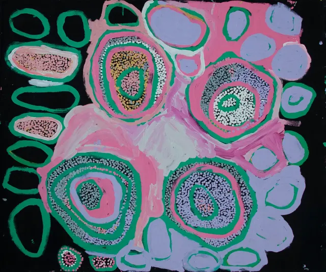 Australian Indigenous (Aboriginal and Torres Strait Islander) artwork by NOLA YURNANGURNU CAMPBELL of Warakurna Artists. The title is All of Patjarr. [975-17] (Acrylic on Canvas)