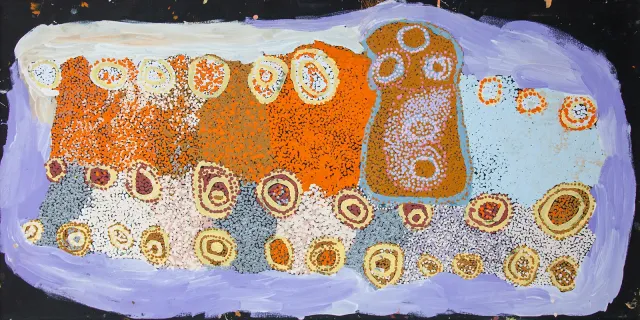 Australian Indigenous (Aboriginal and Torres Strait Islander) artwork by NOLA YURNANGURNU CAMPBELL of Warakurna Artists. The title is All of Patjarr. [101-19] (Acrylic on Canvas)