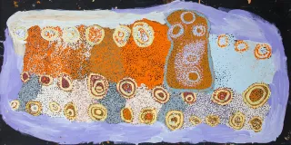 Australian Indigenous (Aboriginal and Torres Strait Islander) artwork by NOLA YURNANGURNU CAMPBELL of Warakurna Artists. The title is All of Patjarr. [101-19] (Acrylic on Canvas)