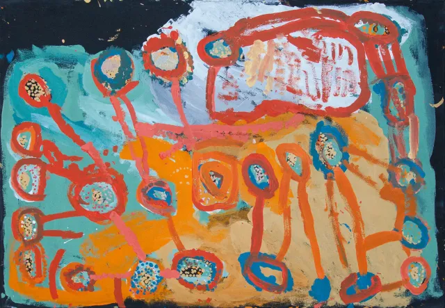 Australian Indigenous (Aboriginal and Torres Strait Islander) artwork by NOLA YURNANGURNU CAMPBELL of Warakurna Artists. The title is All of Patjarr. [249-19] (Acrylic on Canvas)