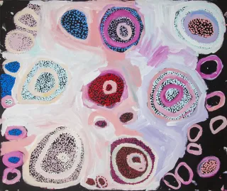 Australian Indigenous (Aboriginal and Torres Strait Islander) artwork by NOLA YURNANGURNU CAMPBELL of Warakurna Artists. The title is All of Patjarr. [986-17] (Acrylic on Canvas)