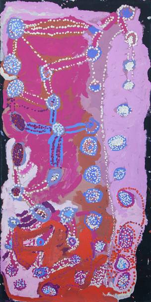 Australian Indigenous (Aboriginal and Torres Strait Islander) artwork by NOLA YURNANGURNU CAMPBELL of Warakurna Artists. The title is All of Patjarr. [466-19] (Acrylic on Canvas)