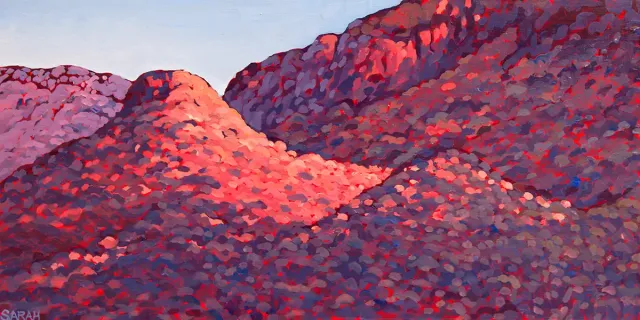 Australian Indigenous (Aboriginal and Torres Strait Islander) artwork by SARAH BROWN of Miscellaneous Artists. The title is Along the Larapinta Trail. [SB201610030] (Acrylic on Gesso Board)