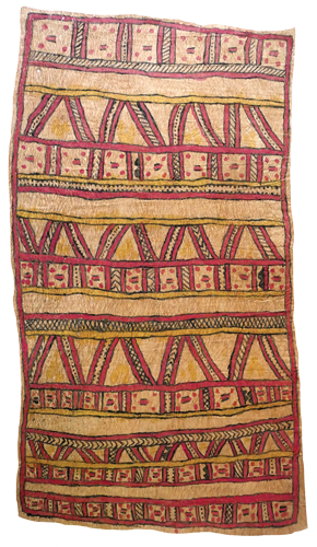 Australian Indigenous (Aboriginal and Torres Strait Islander) artwork by FATE SAVARI (ISAWDI) of Omie Artists. The title is Amami nioge (sabu deje, mi’ija’ahe, ije bi’weje, dubidubi’e, nenyai, mahuva’oje ohu’o buboriano’e) - Cloth of the Ancestors (with spots of the wood-boring grub; animal bones found while digging in the garden; boys chopping tree branches; leaves of the dubi’e plant that grows on the mountaintop; women’s woven white shell headband; pig hoof-prints and beaks of the Papuan Hornbill). [18-035] (Natural Pigments on Nioge (Woman’s Barkcloth Skirt))