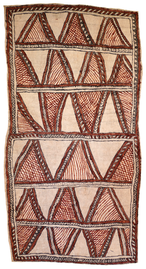 Australian Indigenous (Aboriginal and Torres Strait Islander) artwork by FATE SAVARI (ISAWDI) of Omie Artists. The title is Amami nioge (sabu deje, mi’ija’ahe, ije bi’weje, moköjö bineb’e, dubidubi’e, nenyai, ohu’o mwe) - Cloth of the Ancestors (with spots of the wood-boring grub; animal bones; boys chopping tree branches; chest feathers of the red parrot; leaves of the dubi’e plant that grows on the mountaintop; women’s woven white shell headband; and gardens). [17-024] (Natural Pigments on Nioge (Woman’s Barkcloth Skirt))