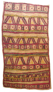 Australian Indigenous (Aboriginal and Torres Strait Islander) artwork by FATE SAVARI (ISAWDI) of Omie Artists. The title is Amami nioge (sabu deje, mi’ija’ahe, ije bi’weje, dubidubi’e, nenyai, mahuva’oje ohu’o buboriano’e) - Cloth of the Ancestors (with spots of the wood-boring grub; animal bones found while digging in the garden; boys chopping tree branches; leaves of the dubi’e plant that grows on the mountaintop; women’s woven white shell headband; pig hoof-prints and beaks of the Papuan Hornbill). [18-035] (Natural Pigments on Nioge (Woman’s Barkcloth Skirt))