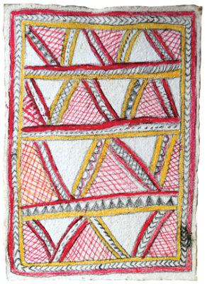 Australian Indigenous (Aboriginal and Torres Strait Islander) artwork by FATE SAVARI (ISAWDI) of Omie Artists. The title is Amami nioge - The very first barkcloth design of the Ancestors. [14-222] (Pencil and Ink on Paper)