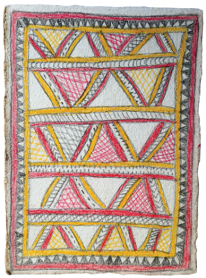 Australian Indigenous (Aboriginal and Torres Strait Islander) artwork by FATE SAVARI (ISAWDI) of Omie Artists. The title is Amami nioge - The very first barkcloth design of the Ancestors. [14-237] (Pencil and Ink on Paper)