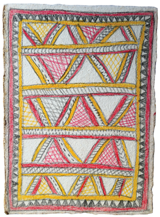 Australian Indigenous (Aboriginal and Torres Strait Islander) artwork by FATE SAVARI (ISAWDI) of Omie Artists. The title is Amami nioge - The very first barkcloth design of the Ancestors. [14-237] (Pencil and Ink on Paper)