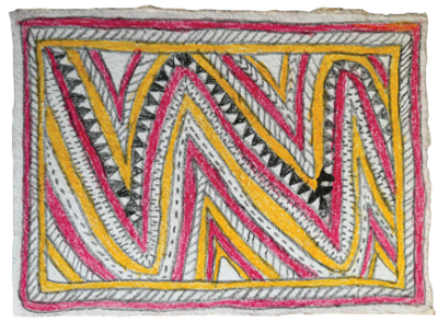 Australian Indigenous (Aboriginal and Torres Strait Islander) artwork by FATE SAVARI (ISAWDI) of Omie Artists. The title is Amami nioge - The very first barkcloth design of the Ancestors. [14-242] (Pencil and Ink on Paper)
