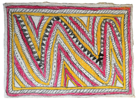 Australian Indigenous (Aboriginal and Torres Strait Islander) artwork by FATE SAVARI (ISAWDI) of Omie Artists. The title is Amami nioge - The very first barkcloth design of the Ancestors. [14-242] (Pencil and Ink on Paper)