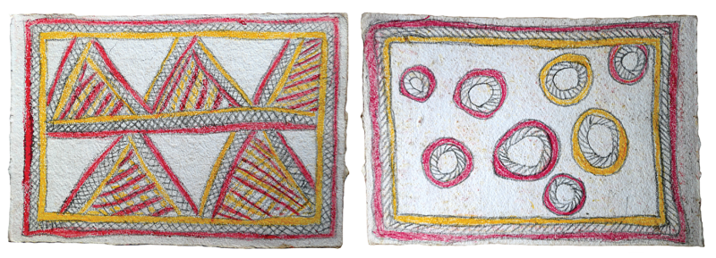 Australian Indigenous (Aboriginal and Torres Strait Islander) artwork by FATE SAVARI (ISAWDI) of Omie Artists. The title is Amami nioge - The very first barkcloth design of the Ancestors & Ije biwej’e - Boys chopping tree branches. [14-212 (01 & 02)] (Pencil and Ink on Paper)