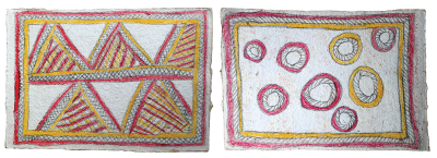 Australian Indigenous (Aboriginal and Torres Strait Islander) artwork by FATE SAVARI (ISAWDI) of Omie Artists. The title is Amami nioge - The very first barkcloth design of the Ancestors & Ije biwej’e - Boys chopping tree branches. [14-212 (01 & 02)] (Pencil and Ink on Paper)