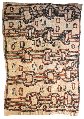 Australian Indigenous (Aboriginal and Torres Strait Islander) artwork by FATE SAVARI (ISAWDI) of Omie Artists. The title is Amami sor’e - Design of the Ancestors. [17-033] (Natural Pigments on Barkcloth)