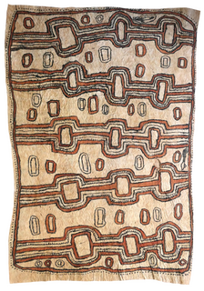 Australian Indigenous (Aboriginal and Torres Strait Islander) artwork by FATE SAVARI (ISAWDI) of Omie Artists. The title is Amami sor’e - Design of the Ancestors. [17-033] (Natural Pigments on Barkcloth)
