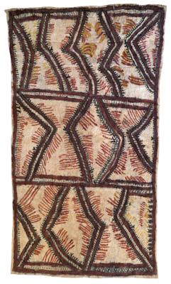 Australian Indigenous (Aboriginal and Torres Strait Islander) artwork by FATE SAVARI (ISAWDI) of Omie Artists. The title is Amami sor’e - Design of the Ancestors. [17-035] (Natural Pigments on Nioge (Barkcloth))