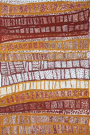 Australian Indigenous (Aboriginal and Torres Strait Islander) artwork by JANE MARGARET TIPUAMANTUMIRRI of Munupi Artists. The title is Ampitji. [15-442] (Ochre on Linen)