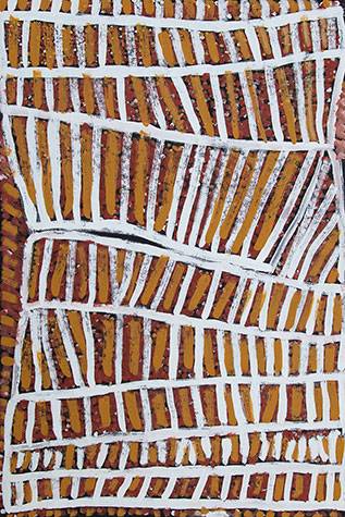 Australian Indigenous (Aboriginal and Torres Strait Islander) artwork by JANE MARGARET TIPUAMANTUMIRRI of Munupi Artists. The title is Ampitji. [16-406] (Ochre on Canvas)