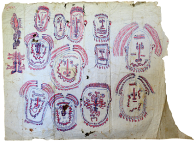 Australian Indigenous (Aboriginal and Torres Strait Islander) artwork by FATE SAVARI (ISAWDI) of Omie Artists. The title is Ancestors with Ujawé initiation sor’e (tattoos). [12-232] (Ink on Schoolbook Paper)