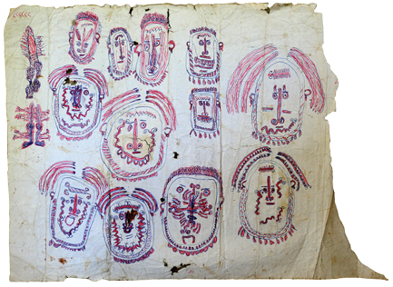 Australian Indigenous (Aboriginal and Torres Strait Islander) artwork by FATE SAVARI (ISAWDI) of Omie Artists. The title is Ancestors with Ujawé initiation sor’e (tattoos). [12-232] (Ink on Schoolbook Paper)