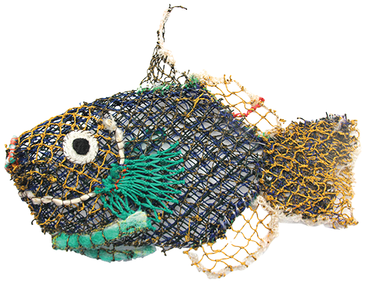 Australian Indigenous (Aboriginal and Torres Strait Islander) artwork by FLORENCE GUTCHEN of Erub Erwer Meta. The title is Annabelle. [16-177] (Ghost Nets, Plastic Trellis & Twine)