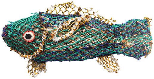 Australian Indigenous (Aboriginal and Torres Strait Islander) artwork by FLORENCE GUTCHEN of Erub Erwer Meta. The title is Annie. [16-178] (Ghost Nets, Plastic Trellis & Twine)