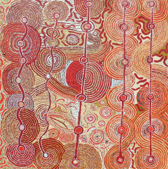 Australian Indigenous (Aboriginal and Torres Strait Islander) artwork by VARIOUS TJALA ARTISTS (COLLABORATIVE) of Tjala Artists. The title is Anumara Tjukurpa. [296-12] (Acrylic on Linen)