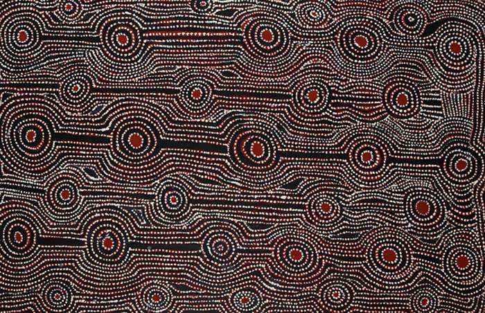 Australian Indigenous (Aboriginal and Torres Strait Islander) artwork by HECTOR TJUPURU BURTON of Tjala Artists. The title is Anumara Tjukurpa. [553-06] (Acrylic on Linen)
