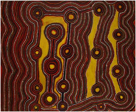 Australian Indigenous (Aboriginal and Torres Strait Islander) artwork by HECTOR TJUPURU BURTON of Tjala Artists. The title is Anumara Tjukurpa. [927-06] (Acrylic on Linen)