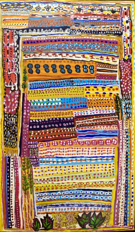 Australian Indigenous (Aboriginal and Torres Strait Islander) artwork by JANET KOONGOTEMA of Wik and Kugu Art Centre. The title is Archer River. [212-22] (Acrylic on Linen)