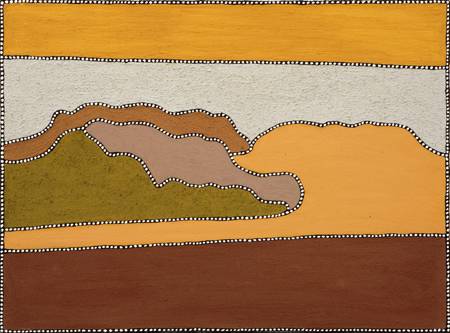 Australian Indigenous (Aboriginal and Torres Strait Islander) artwork by MARIKA MUNG of Warmun Artists. The title is Argyle Country. [WAC 056/08] (Natural Ochre and Pigments on Canvas)