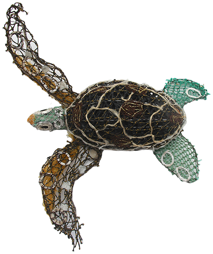 Australian Indigenous (Aboriginal and Torres Strait Islander) artwork by JIMMY JOHN THAIDAY of Erub Erwer Meta. The title is Artha. [16-97] (Ghost Nets, Rope & Twine over Mesh Frame)