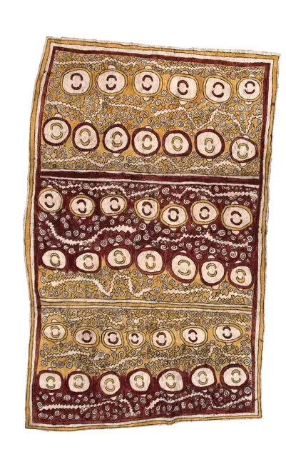 Australian Indigenous (Aboriginal and Torres Strait Islander) artwork by DAPENI JONEVARI (MOKOKARI) of Omie Artists. The title is Asimano’e, taigu taigu’e ohu’o odunaigö’e - Head of Men, Pattern of a Leaf and Jungle Vine. [OM10-030] (Natural Pigments on Nioge (Barkcloth))