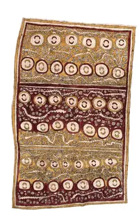 Australian Indigenous (Aboriginal and Torres Strait Islander) artwork by DAPENI JONEVARI (MOKOKARI) of Omie Artists. The title is Asimano’e, taigu taigu’e ohu’o odunaigö’e - Head of Men, Pattern of a Leaf and Jungle Vine. [OM10-030] (Natural Pigments on Nioge (Barkcloth))