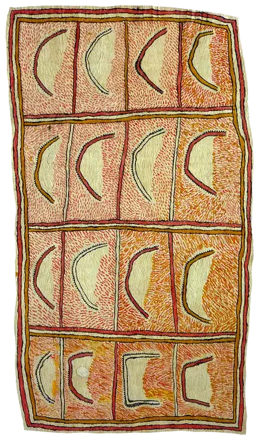 Australian Indigenous (Aboriginal and Torres Strait Islander) artwork by FATE SAVARI (ISAWDI) of Omie Artists. The title is Avinö’e ohu’o avin’ajivé - Design of the crescent moon and moonlight. [16-008] (Natural Pigments on Nioge (Barkcloth))
