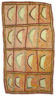 Australian Indigenous (Aboriginal and Torres Strait Islander) artwork by FATE SAVARI (ISAWDI) of Omie Artists. The title is Avinö’e ohu’o avin’ajivé - Design of the crescent moon and moonlight. [16-008] (Natural Pigments on Nioge (Barkcloth))