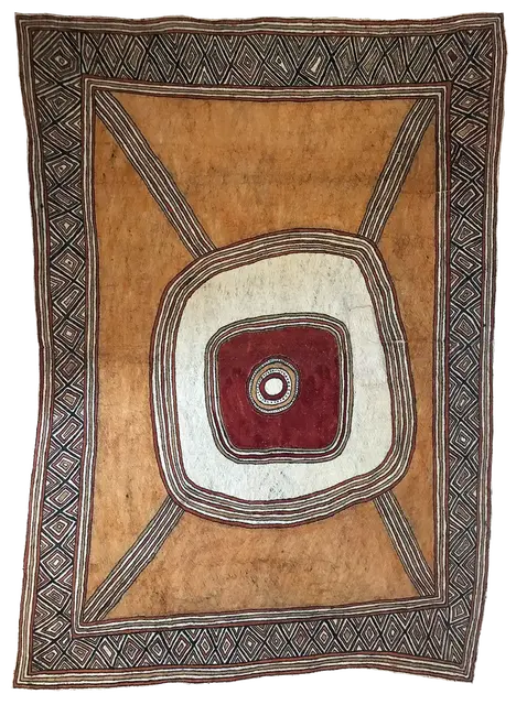 Australian Indigenous (Aboriginal and Torres Strait Islander) artwork by LILA WARRIMOU (MISASO) of Omie Artists. The title is Avino’e - Design of the Moon. [09-001] (Natural Pigments on Nioge (Barkcloth))