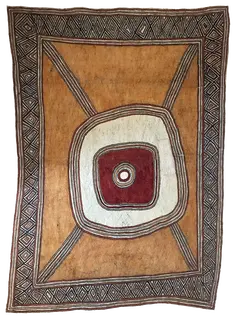 Australian Indigenous (Aboriginal and Torres Strait Islander) artwork by LILA WARRIMOU (MISASO) of Omie Artists. The title is Avino’e - Design of the Moon. [09-001] (Natural Pigments on Nioge (Barkcloth))