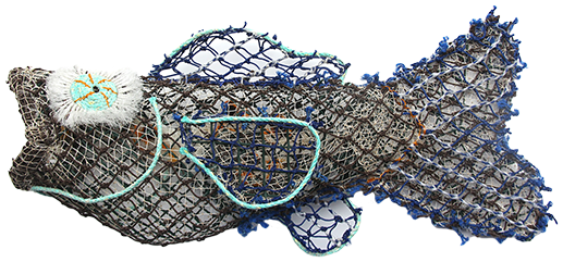 Australian Indigenous (Aboriginal and Torres Strait Islander) artwork by JIMMY KENNY THAIDAY of Erub Erwer Meta. The title is Au Mit. [16-180] (Ghost Nets, Plastic Trellis & Twine)