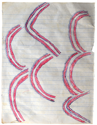 Australian Indigenous (Aboriginal and Torres Strait Islander) artwork by FATE SAVARI (ISAWDI) of Omie Artists. The title is Avin’e - Moon. [12-201] (Ink on Schoolbook Paper)