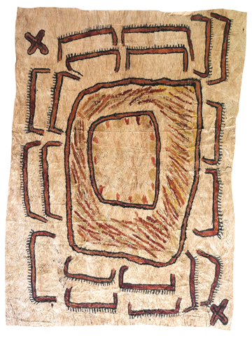 Australian Indigenous (Aboriginal and Torres Strait Islander) artwork by FATE SAVARI (ISAWDI) of Omie Artists. The title is Avinö’e ohu’o jij’e - Moon and stars. [17-032] (Natural Pigments on Barkcloth)